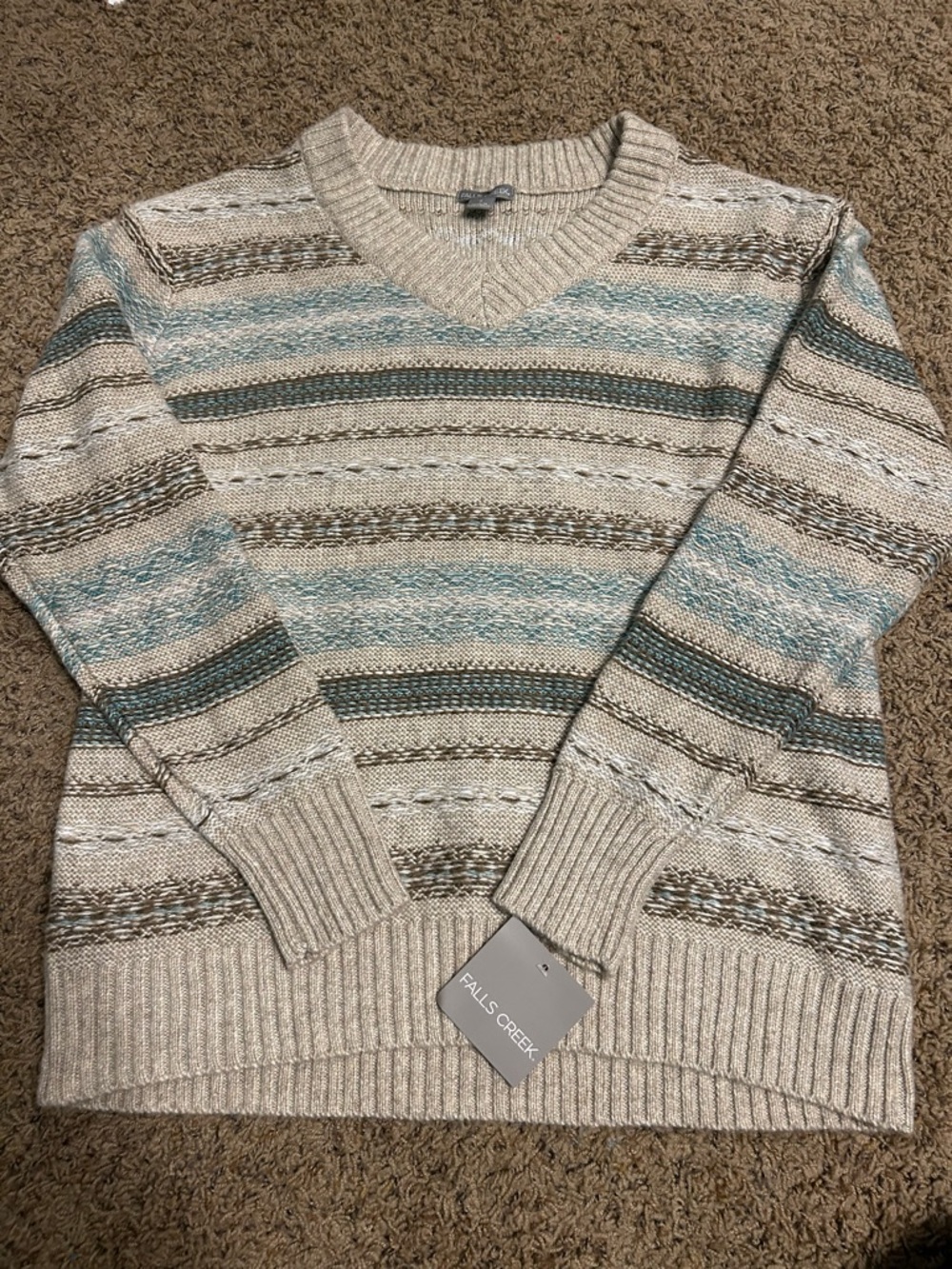 Falls Creek Cream Knit V-Neck Sweater with Teal & Brown Accents